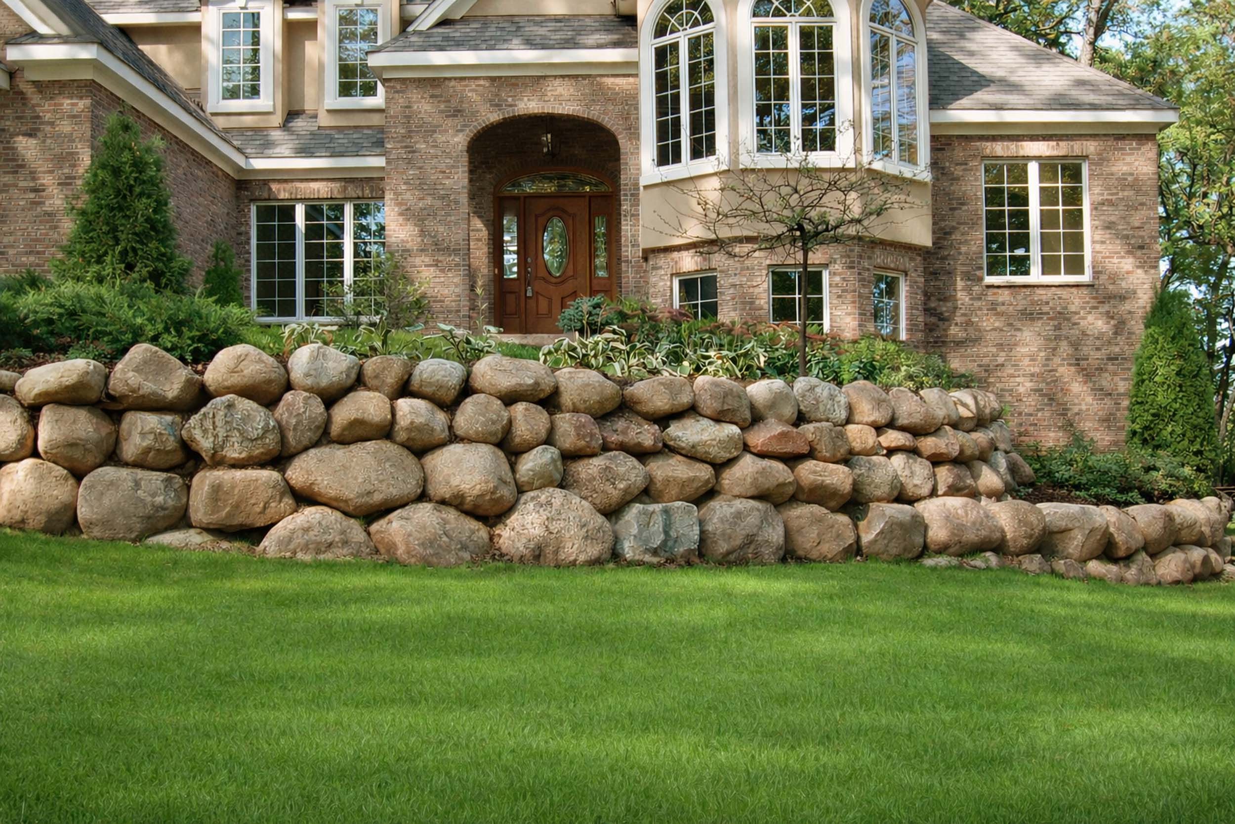 Stone retaining wall at an elevated front porch