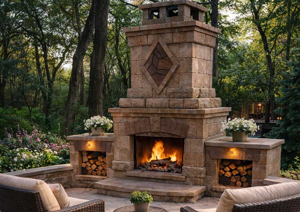 Highly detailed brick fireplace on a patio with storage for firewood