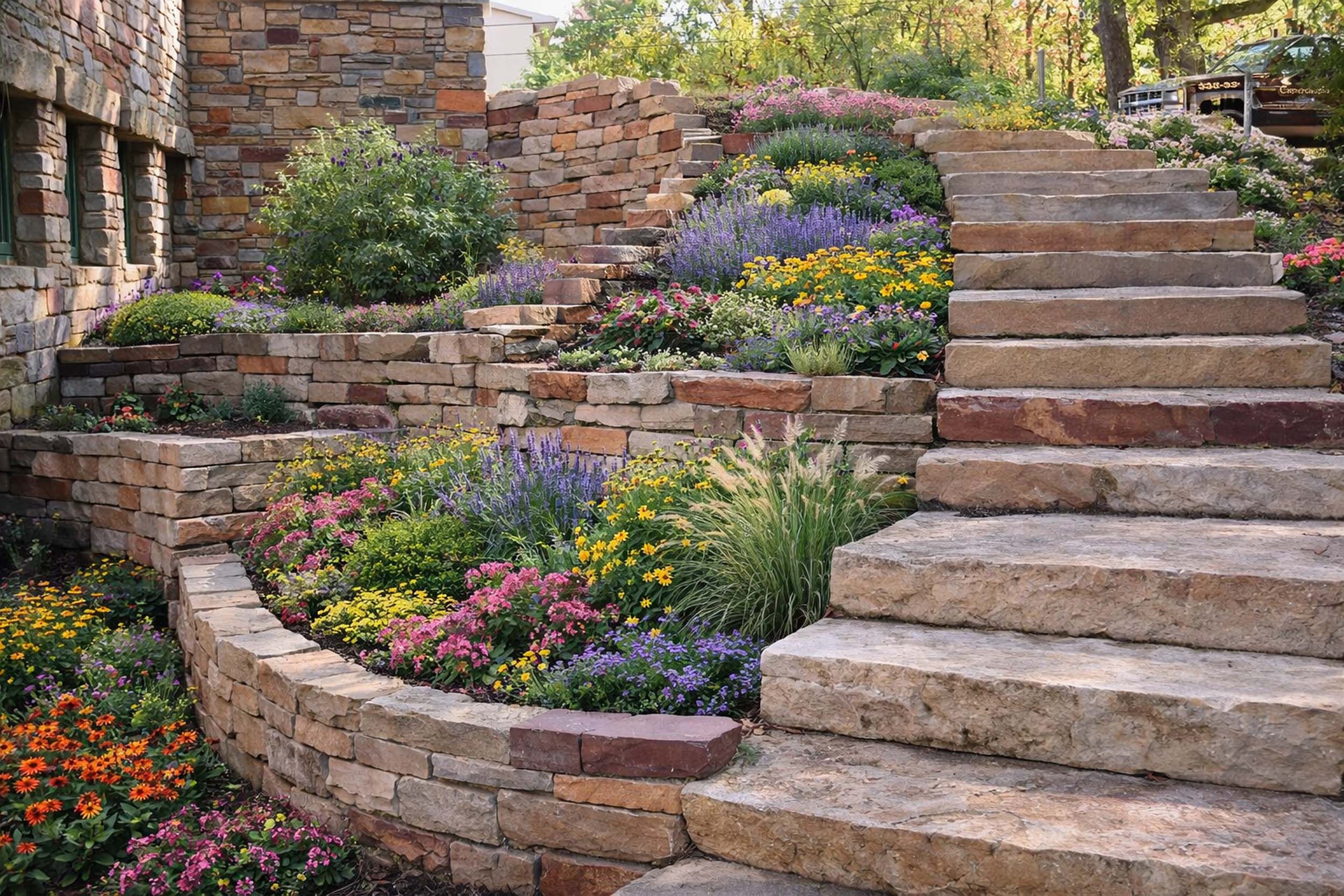 Stone steps leading to a patio