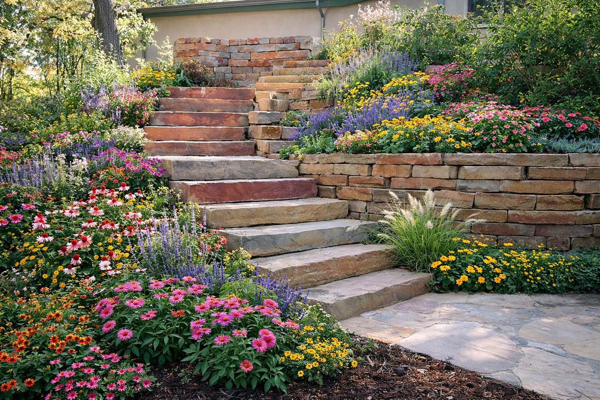 Stone steps leading to a patio with flower beds beside them