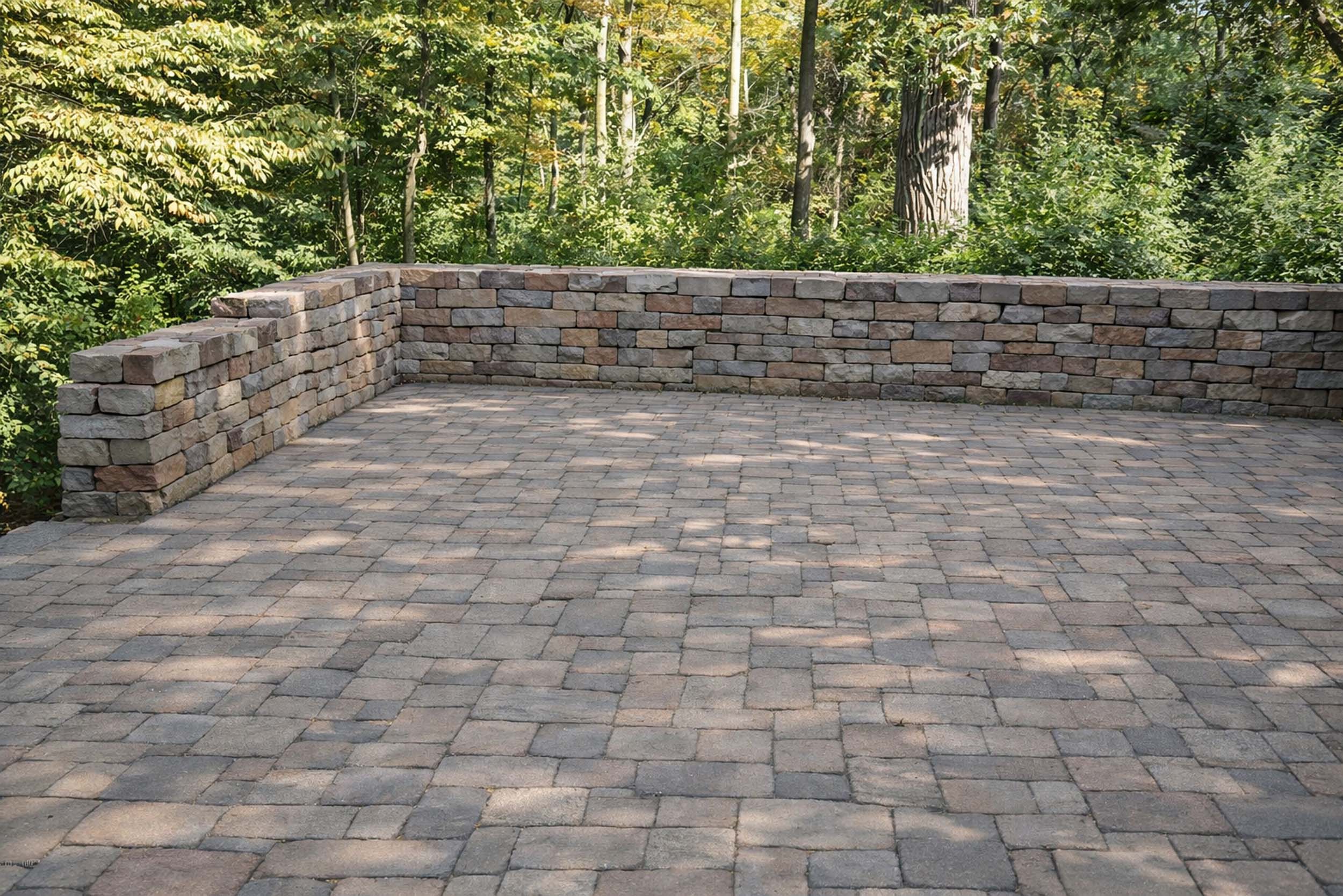 Stone patio with stone wall against trees