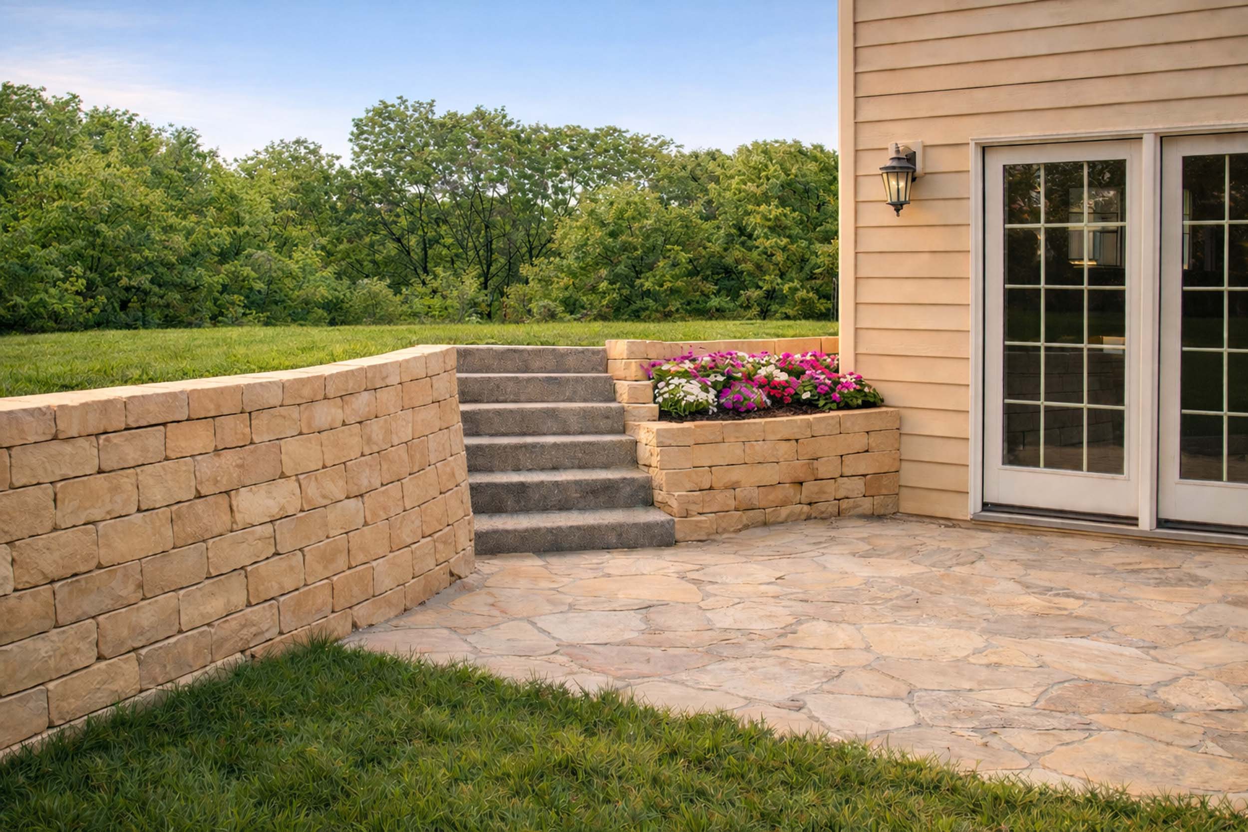 Stone retaining wall with a lower stone patio and an upper large grass yard