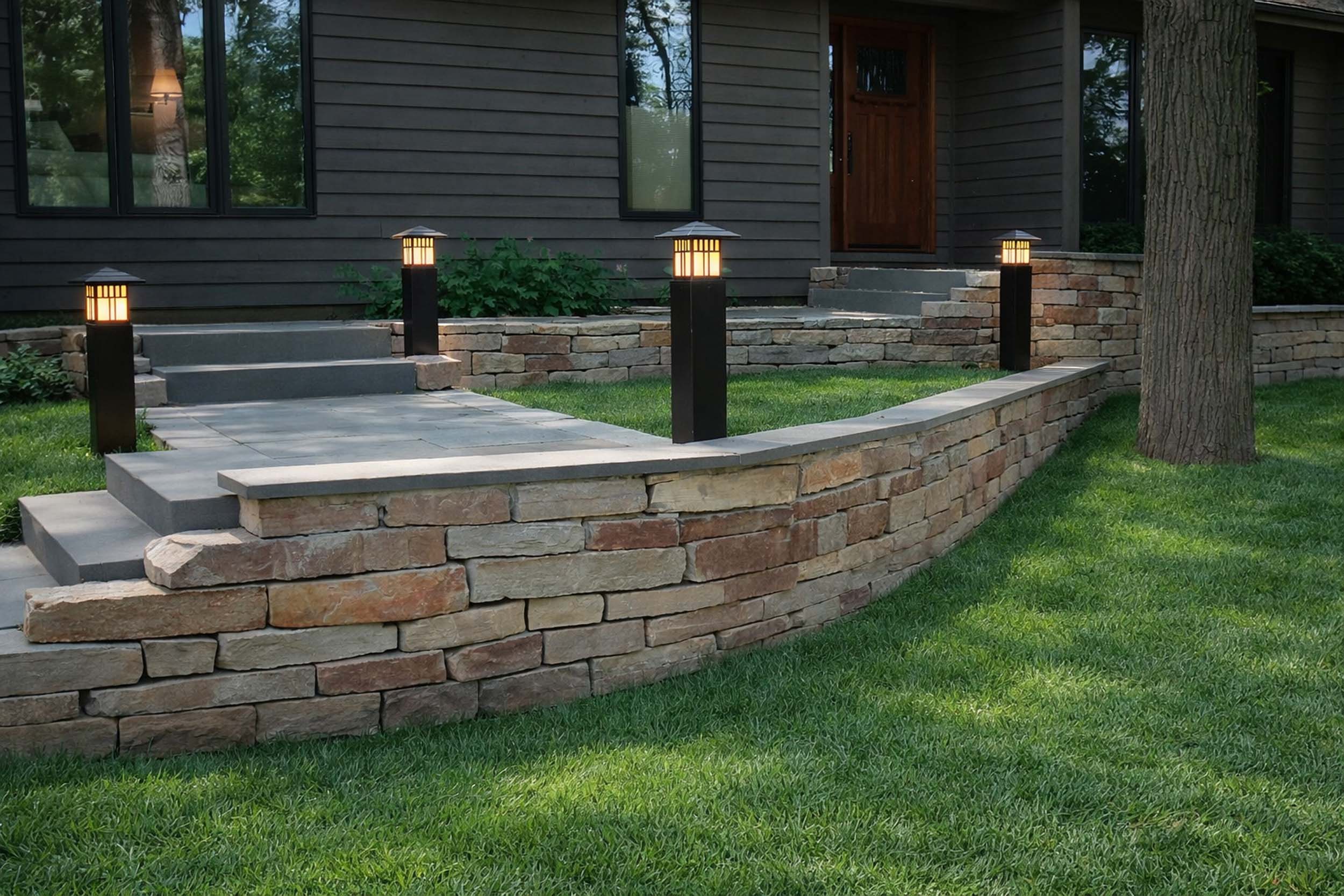 Stone retaining wall with stone steps leading to a landing area with accent light posts