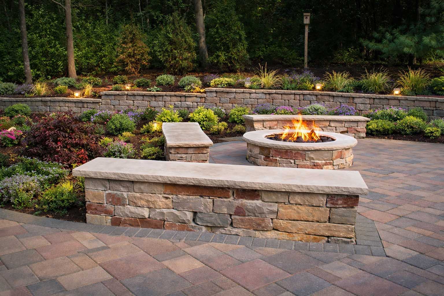 Stone and brick seating area with a retaining wall in the background