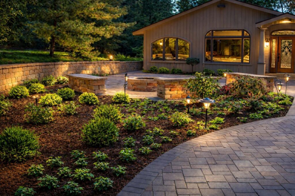 Brick walkways and outdoor seating area in front of retaining walls and landscaping in front of a house at twilight
