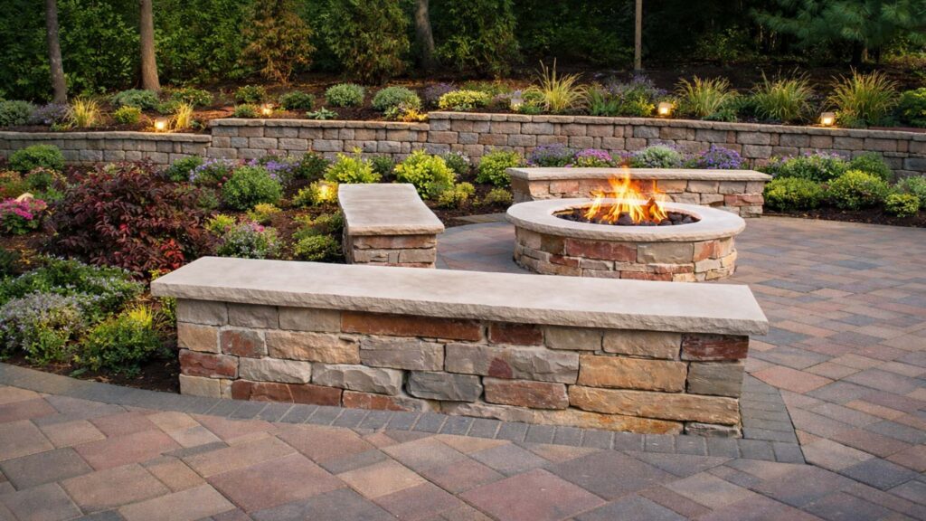 Brick patio with stone seating area, fire pit, greenery, and retaining wall